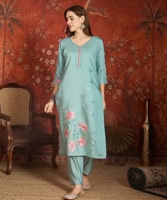 Sky blue roman silk partywear readymade suit 4