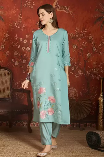 Sky blue color roman silk fabric beautiful partywear readymade suit