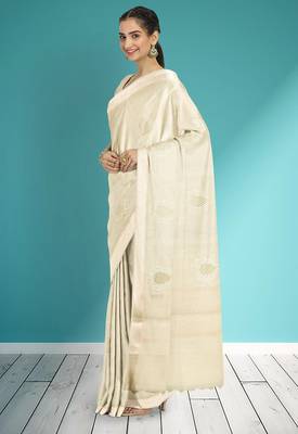 Champagne ivory white & pearl white banarasi semi dupion saree with running blouse 2
