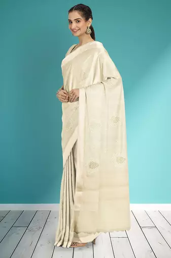 Champagne ivory white & pearl white banarasi semi dupion saree with running blouse