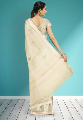 Champagne ivory white & pearl white banarasi semi dupion saree with running blouse 3