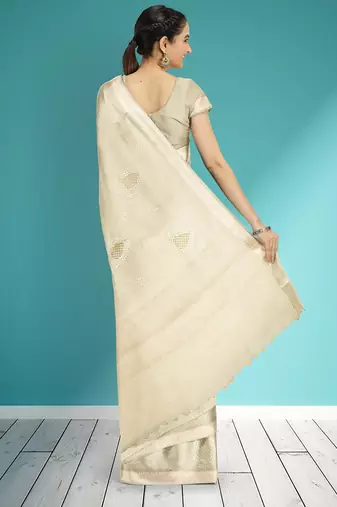 Champagne ivory white & pearl white banarasi semi dupion saree with running blouse