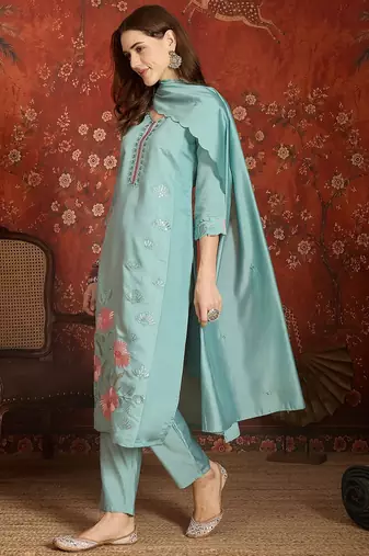 Sky blue color roman silk fabric beautiful partywear readymade suit