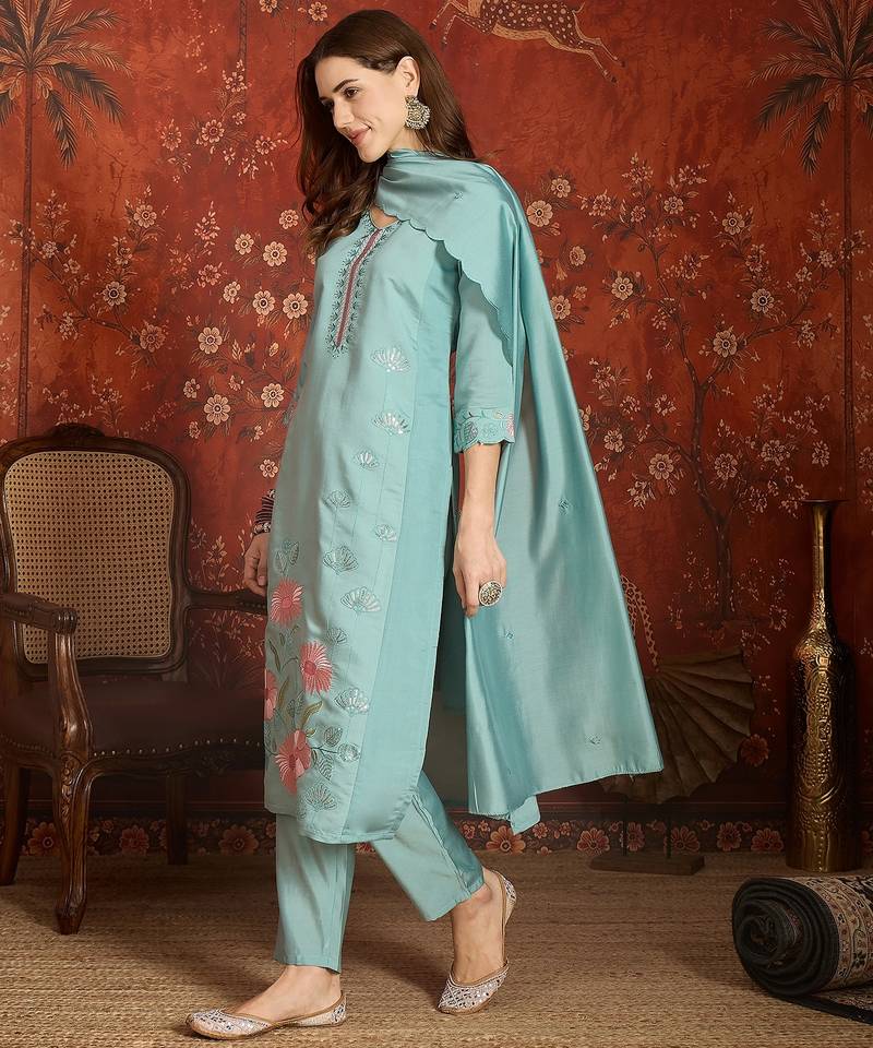 Sky blue roman silk partywear readymade suit
