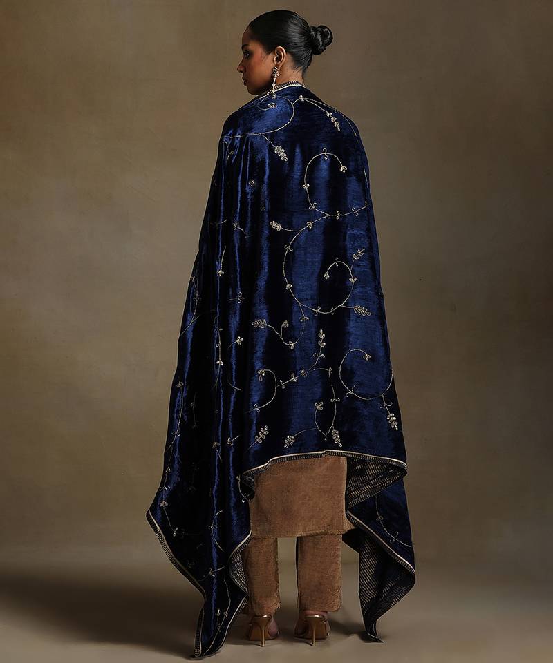 Royal blue hand embroidered velvet doshala