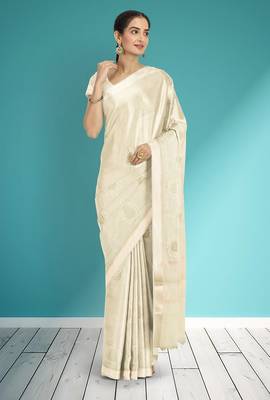 Champagne ivory white & pearl white banarasi semi dupion saree with running blouse 4