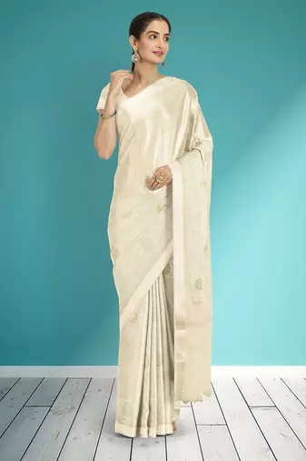 Champagne ivory white & pearl white banarasi semi dupion saree with running blouse