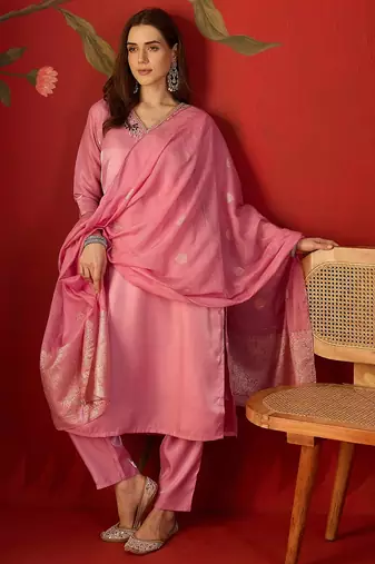 Pink color roman silk fabric beautiful partywear readymade suit