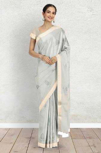 Ice grey/silver mist & ivory banarasi semi dupion saree with running blouse