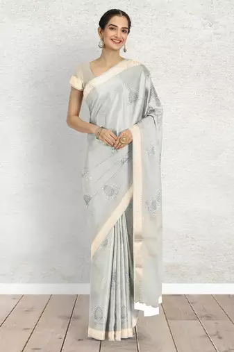 Ice grey/silver mist & ivory banarasi semi dupion saree with running blouse