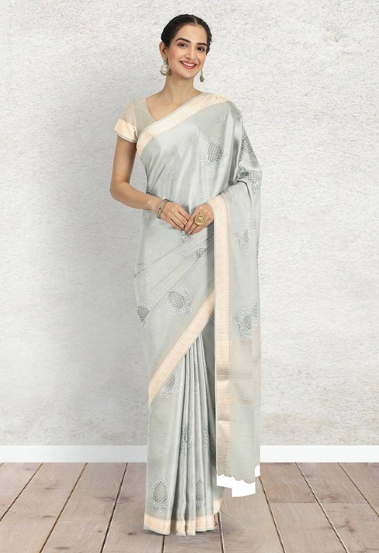 Ice grey/silver mist & ivory banarasi semi dupion saree with running blouse