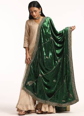 Emerald green hand embroidered velvet doshala 1