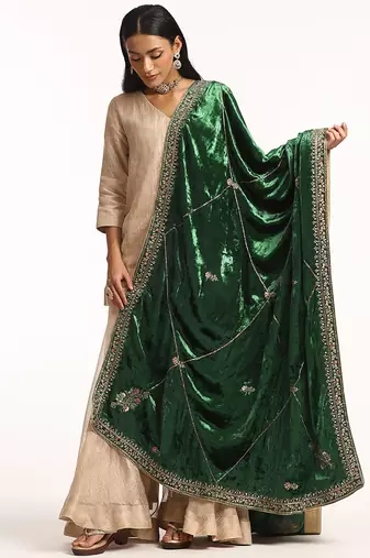 Emerald green hand embroidered velvet doshala