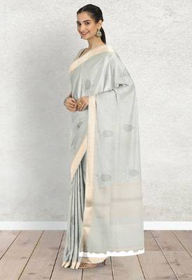 Ice grey/silver mist & ivory banarasi semi dupion saree with running blouse 2