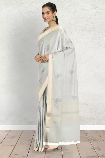 Ice grey/silver mist & ivory banarasi semi dupion saree with running blouse