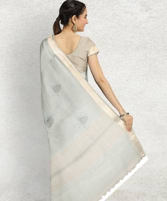Ice grey/silver mist & ivory banarasi semi dupion saree with running blouse 3