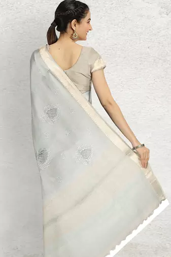 Ice grey/silver mist & ivory banarasi semi dupion saree with running blouse