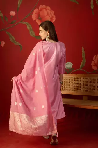Pink color roman silk fabric beautiful partywear readymade suit
