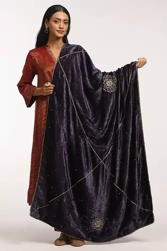 Grape purple hand embroidered velvet doshala