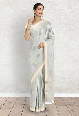 Ice grey/silver mist & ivory banarasi semi dupion saree with running blouse 4