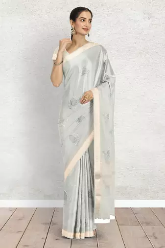 Ice grey/silver mist & ivory banarasi semi dupion saree with running blouse