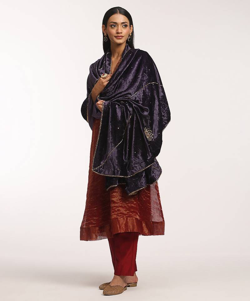 Grape purple hand embroidered velvet doshala