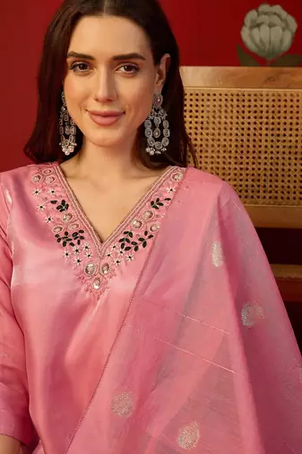 Pink color roman silk fabric beautiful partywear readymade suit