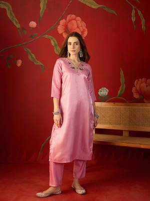 Pink roman silk partywear readymade suit 4
