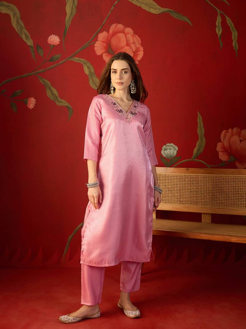 Pink roman silk partywear readymade suit