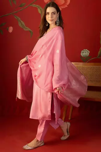 Pink color roman silk fabric beautiful partywear readymade suit