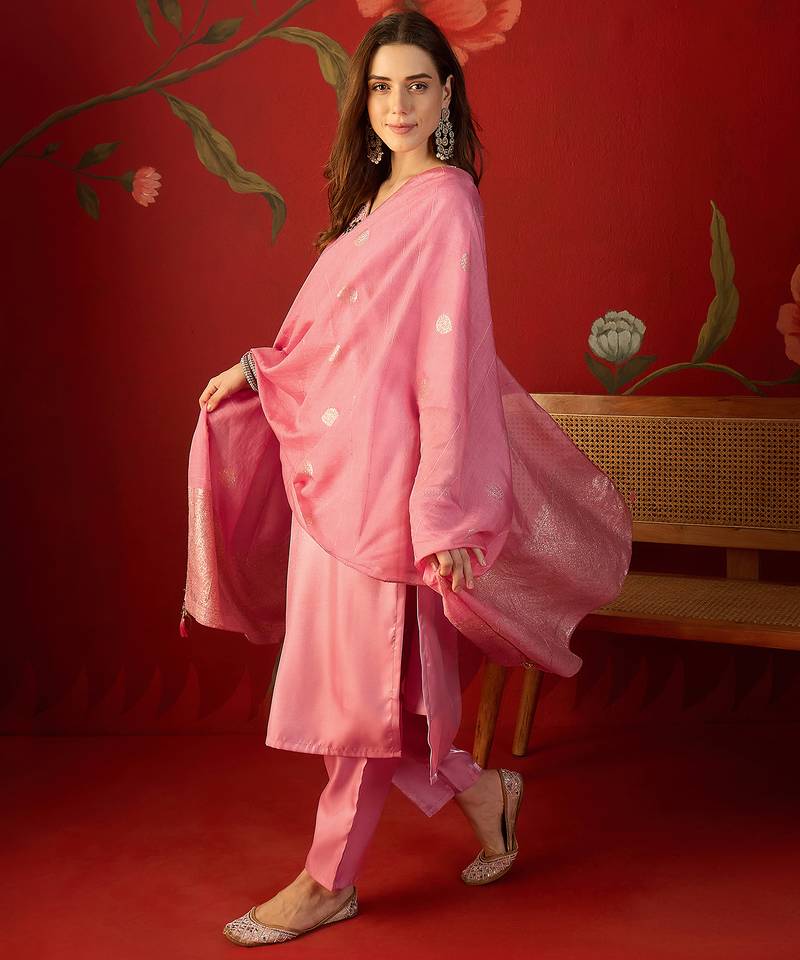 Pink roman silk partywear readymade suit