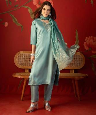 Sky blue roman silk partywear readymade suit 1