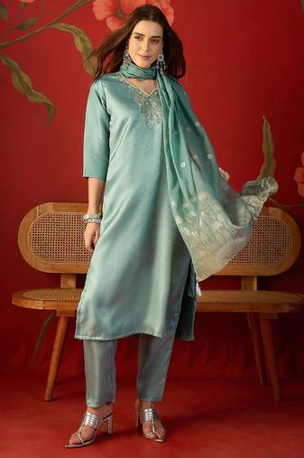 Sky blue roman silk partywear readymade suit