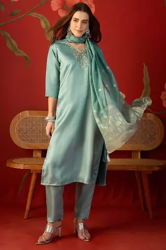 Sky blue color roman silk fabric beautiful partywear readymade suit