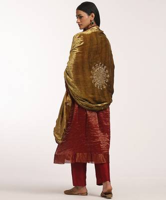Olive green hand embroidered velvet doshala 2