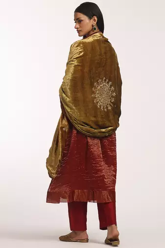 Olive green hand embroidered velvet doshala