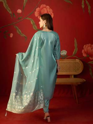 Sky blue roman silk partywear readymade suit 2