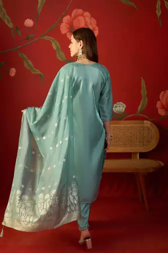 Sky blue color roman silk fabric beautiful partywear readymade suit