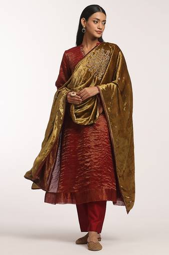 Olive green hand embroidered velvet doshala