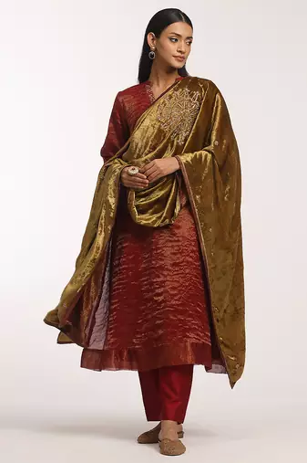 Olive green hand embroidered velvet doshala
