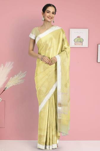 Crayola yellow & ivory banarasi semi dupion saree with running blouse