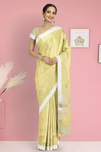 Crayola yellow & ivory banarasi semi dupion saree with running blouse