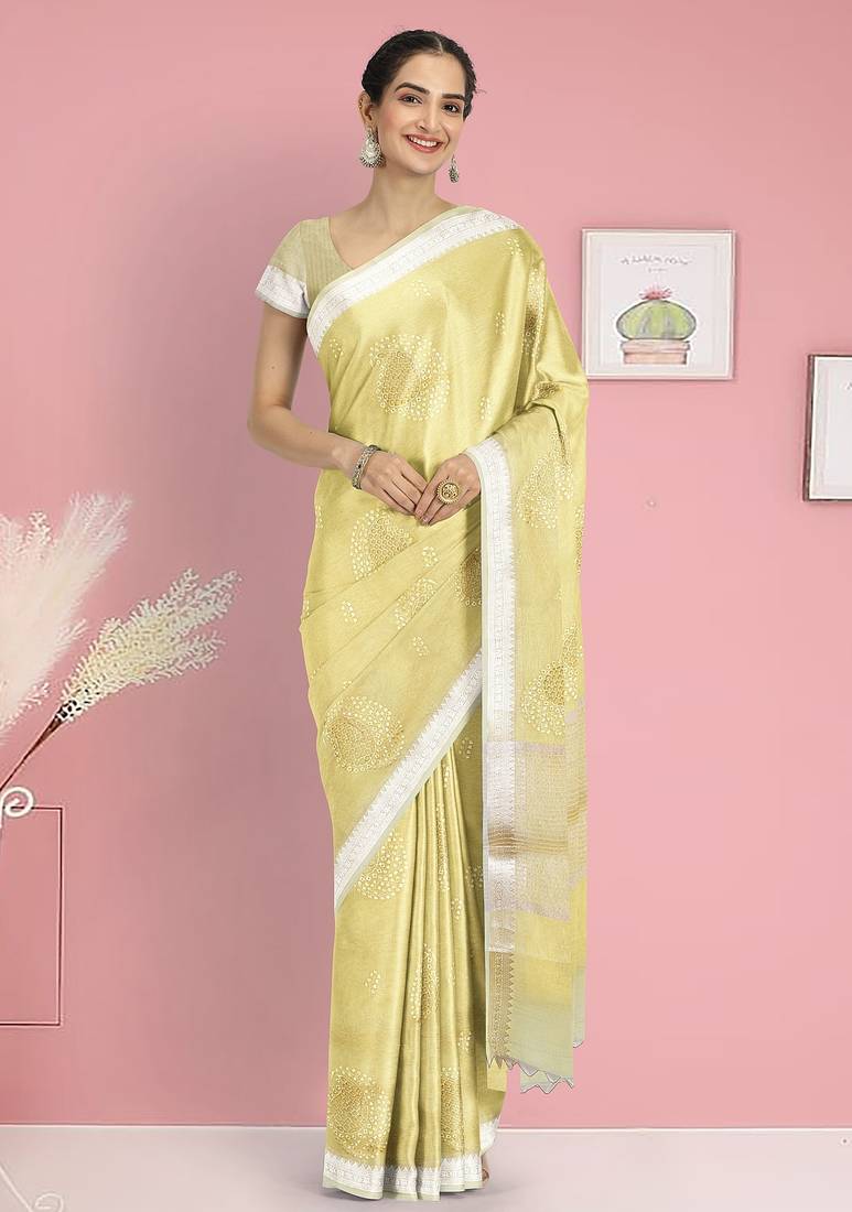 Crayola yellow & ivory banarasi semi dupion saree with running blouse