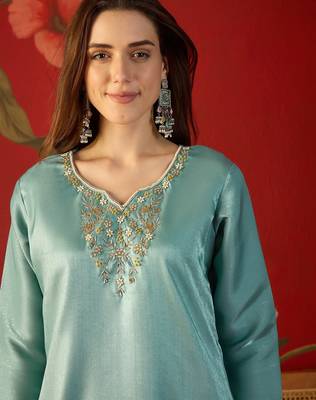 Sky blue roman silk partywear readymade suit 3