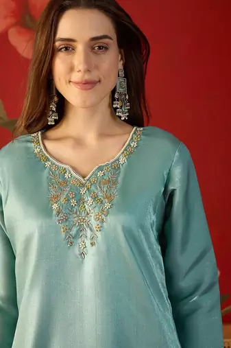 Sky blue color roman silk fabric beautiful partywear readymade suit