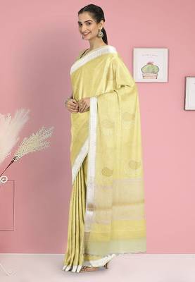 Crayola yellow & ivory banarasi semi dupion saree with running blouse 2