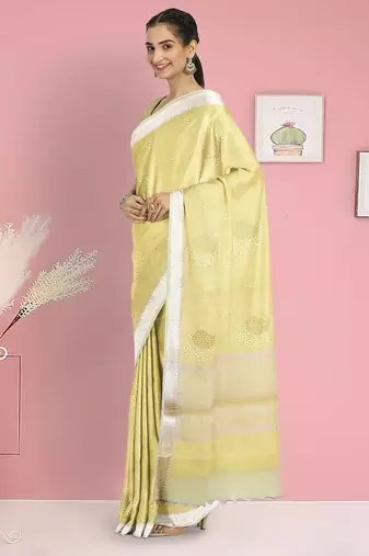 Crayola yellow & ivory banarasi semi dupion saree with running blouse