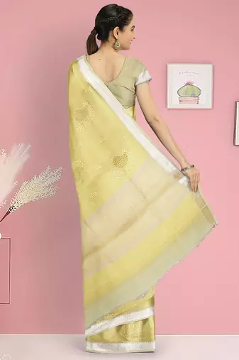 Crayola yellow & ivory banarasi semi dupion saree with running blouse