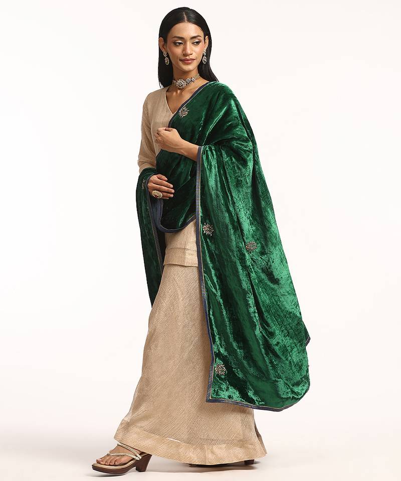 Emerald green hand embroidered velvet doshala
