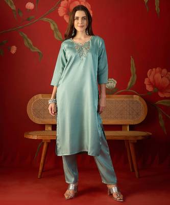 Sky blue roman silk partywear readymade suit 4